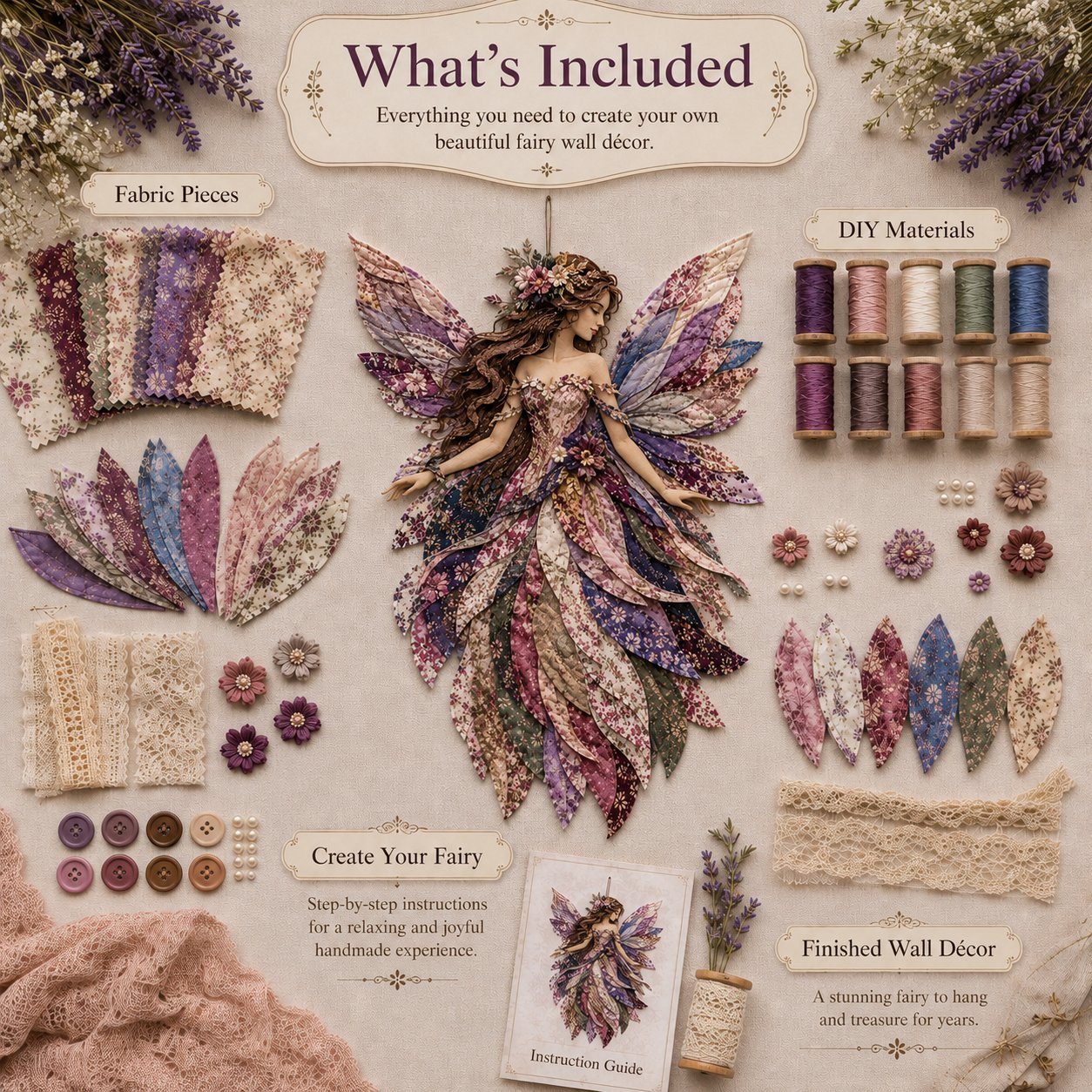 Premium Fairy Patchwork DIY Kit | High-Quality Layered Fabric with Floral Wings DIY Handmade Fantasy Wall Decor ✨