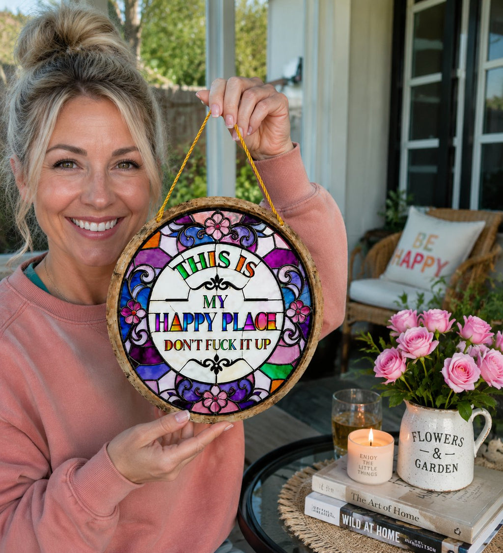 Stained Glass-Style Happy Place Hanging Suncatcher | Sunlight-Catching Quote Decor for Windows, Porches, Patios & Gifts ✨