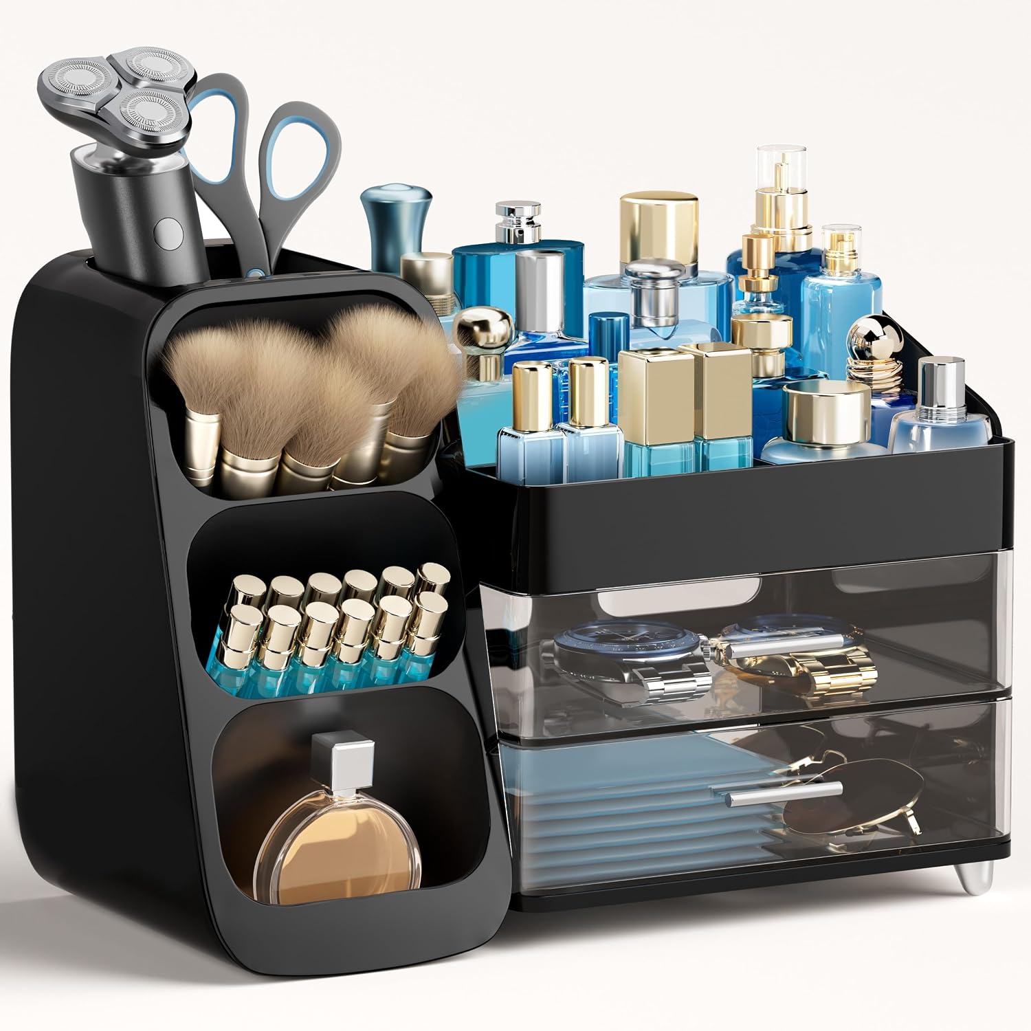 Makeup Organizer with Brush Holder for Vanity, Large Plastic Bathroom Countertop Organizer Skin Care Storage, Easy to Store Lipsticks, Nail Polishes, Perfumes, Eyeshadow Palettes, All White