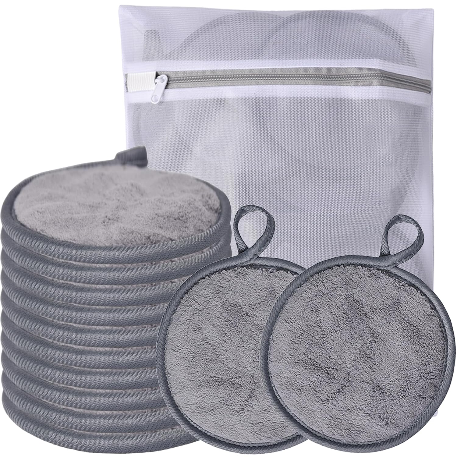 Large Reusable Makeup Remover Pads for Face, Soft Microfiber Makeup Remover Cloths Washable, Premiun 5 INCH Face Cleaning Pad with Laundry Bag, 12 Pack Grey