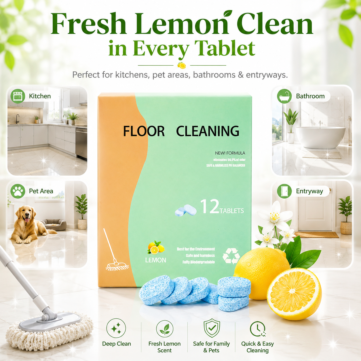 Fast-Drying Lemon Floor Cleaning Tablets