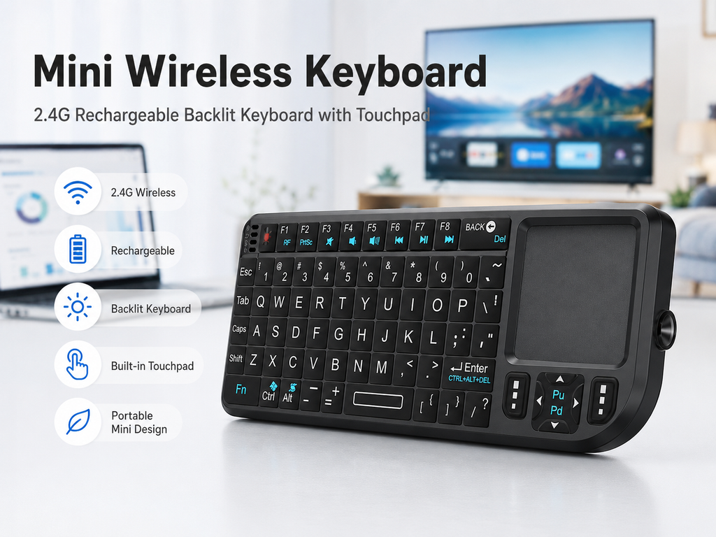 Mini Wireless Keyboard, 2.4G Rechargeable Backlight Keyboard with Touchpad